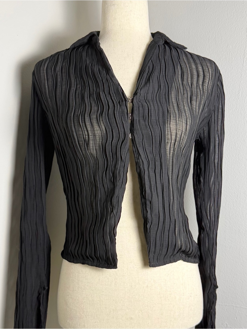 Princess Polly Black Crinkle Pleated Sheer Blouse, Women’s XS/S (Size 2)